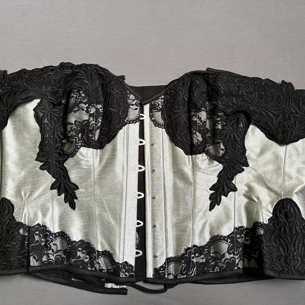 Silver overbust corset with lace cap sleeve